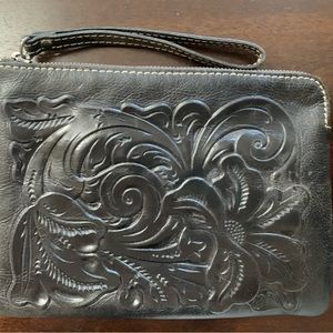 Patricia Nash tooled black leather wristlet